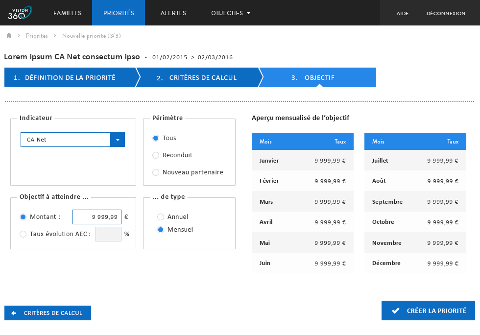 Form of new priority creation.